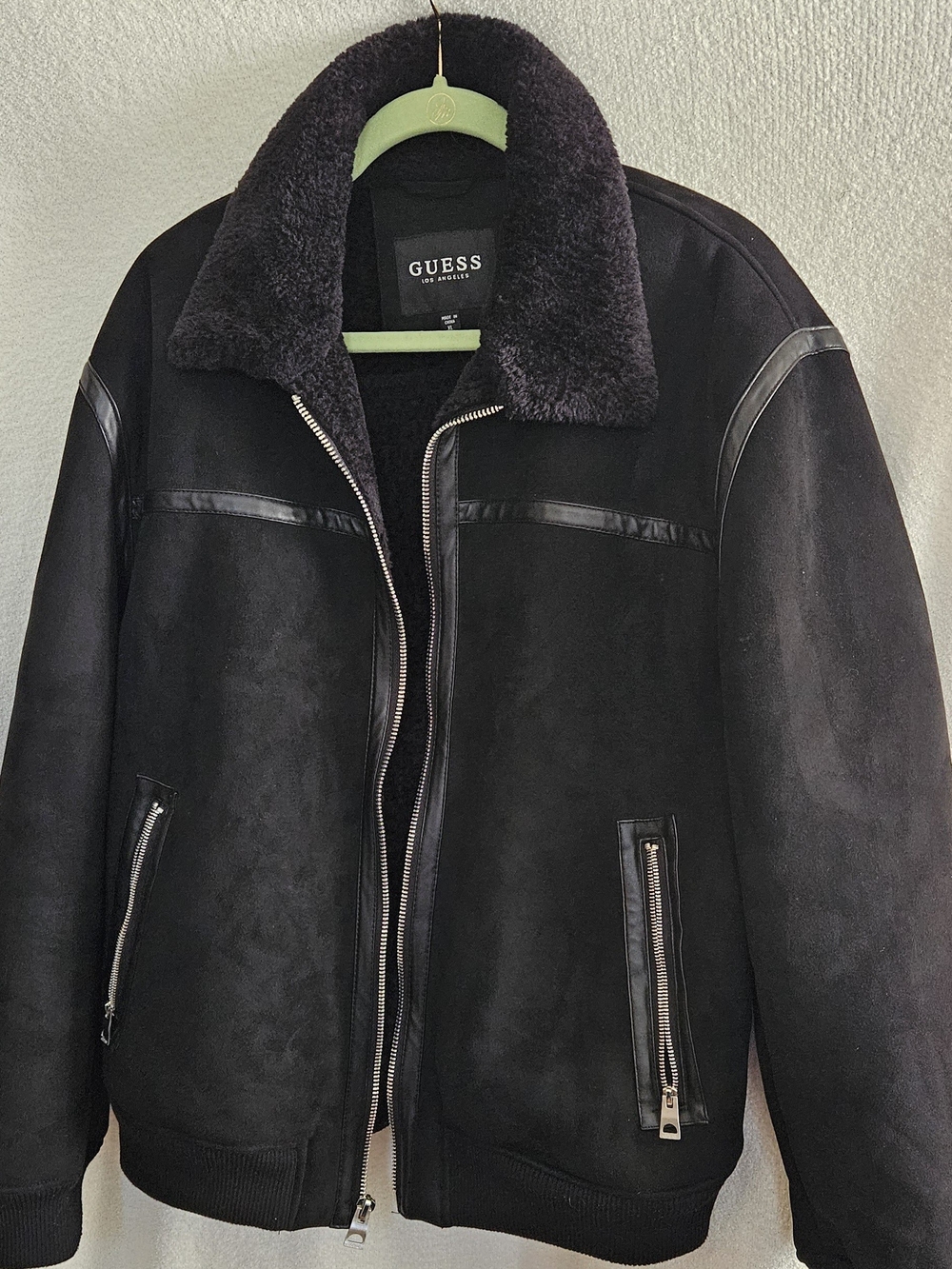 GUESS Men’s Black Faux-Shearling Collar Jacket